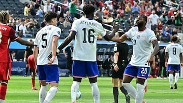 USA's forward #16 Patrick Agyemang celebrates with teammates after scoring his team's first goal during the CONCACAF Nations League third place final football match between USA and Canada at SoFi Stadium in Inglewood, California, on March 23, 2025. (Photo by Frederic J. Brown / AFP)