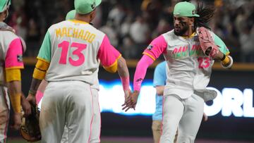 Apr 29, 2023; Mexico City, Mexico; San Diego Padres third baseman Manny Machado (13) and right fielder Fernando Tatis Jr. (23) celebrate after a game against the San Francisco Giants during a MLB World Tour game at Estadio Alfredo Harp Helu. Mandatory Credit: Kirby Lee-USA TODAY Sports