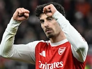 Arsenal's German midfielder #29 Kai Havertz reacts after scoring from the penalty spot during the UEFA Champions League, Last 16, first-leg football match Bayer 04 Leverkusen vs Arsenal in Leverkusen, western Germany, on March 11, 2026. (Photo by INA FASSBENDER / AFP)
