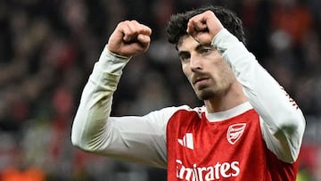 Arsenal's German midfielder #29 Kai Havertz reacts after scoring from the penalty spot during the UEFA Champions League, Last 16, first-leg football match Bayer 04 Leverkusen vs Arsenal in Leverkusen, western Germany, on March 11, 2026. (Photo by INA FASSBENDER / AFP)