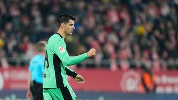 GIRONA, 03/01/2024.- El delantero del Atlético de Madrid, Álvaro Morata, tras conseguir el tercer gol del equipo madrileño durante el encuentro correspondiente a la jornada 19 de LaLiga EA Sports que Girona y Atlético de Madrid disputan hoy miércoles en el estadio Montilivi, en Girona. EFE / Siu Wu.
