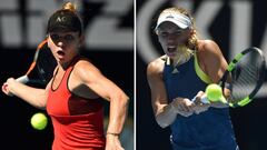 (FILES) This combination of file photographs created on January 25, 2018, shows (L) Romania&#039;s Simona Halep as she hits a return against Germany&#039;s Angelique Kerber during their women&#039;s singles semi-finals match on day 11 of the Australian Op
