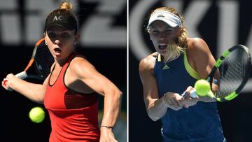 (FILES) This combination of file photographs created on January 25, 2018, shows (L) Romania&#039;s Simona Halep as she hits a return against Germany&#039;s Angelique Kerber during their women&#039;s singles semi-finals match on day 11 of the Australian Op