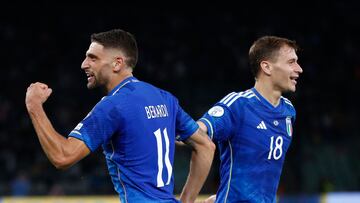 Soccer Football - Euro 2024 Qualifier - Group C - Italy v Malta - Stadio San Nicola, Bari, Italy - October 14, 2023 Italy's Domenico Berardi celebrates scoring their second goal with Nicolo Barella REUTERS/Alessandro Garofalo