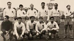 Un Zaragoza de la temporada 1950-51. De izquierda a derecha: Zubeld&iacute;a, Dav&iacute;, Calo, Pica II, Cabido y Hern&aacute;ndez. Agachados: Candi, Pitarch, Urra, Gonzalvo II y Bell&oacute; II.