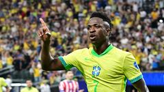 Brazil's forward #07 Vinicius Junior celebrates scoring his team's third goal during the Conmebol 2024 Copa America tournament group D football match between Paraguay and Brazil at Allegiant Stadium in Las Vegas, Nevada on June 28, 2024. (Photo by Frederic J. Brown / AFP)