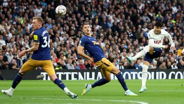 Soccer Football - Premier League - Tottenham Hotspur v Newcastle United - Tottenham Hotspur Stadium, London, Britain - October 23, 2022 Tottenham Hotspur's Son Heung-min shoots at goal Action Images via Reuters/Paul Childs EDITORIAL USE ONLY. No use with unauthorized audio, video, data, fixture lists, club/league logos or 'live' services. Online in-match use limited to 75 images, no video emulation. No use in betting, games or single club /league/player publications.  Please contact your account representative for further details.