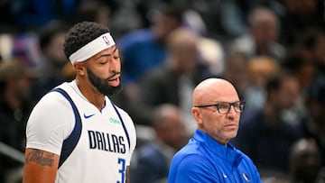 Oct 29, 2025; Dallas, Texas, USA; Dallas Mavericks forward Anthony Davis (3) exchanges words with Dallas Mavericks head coach Jason Kidd as Davis walks off the court during the first quarter at the American Airlines Center. Mandatory Credit: Jerome Miron-Imagn Images