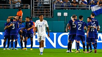 Argentina's players celebrate after scoring a goal during the international friendly match between Honduras and Argentina at Hard Rock Stadium in Miami Gardens, Florida, on September 23, 2022. (Photo by CHANDAN KHANNA / AFP)