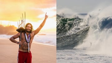 Landon McNamara en Waimea Bay, con el trofeo de campeón del Eddie Aikau y surfeando una ola gigante. El domingo 22 de diciembre del 2024.