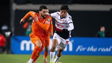  Tristan Borges (L) of Forge fights for the ball with Jonathan Padilla (R) of Guadalajara during the round one first leg match between Forge FC and Guadalajara as part of the CONCACAF Champions Cup 2024 at Tim Hortons Field Stadium on February 07, 2024 in Hamilton, Ontario, Canada.