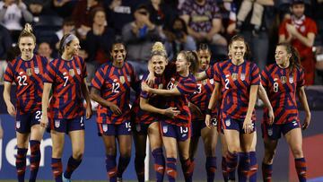 CHESTER, PENNSYLVANIA - APRIL 12: The United States celebrate a goal by Trinity Rodman #14 (C-L) during the second half against Uzbekistan at Subaru Park on April 12, 2022 in Chester, Pennsylvania. Tim Nwachukwu/Getty Images/AFP
== FOR NEWSPAPERS, INTERNET, TELCOS & TELEVISION USE ONLY ==