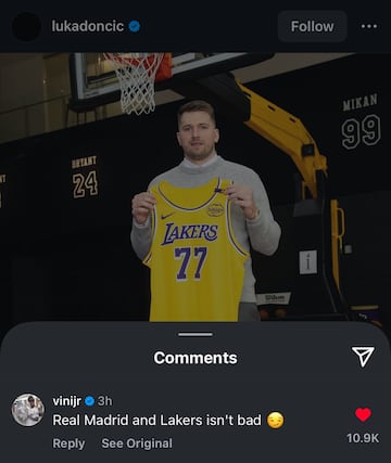 El comentario de Vinicius Jnior al post de Instagram de Luka Doncic.