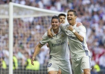 Cristiano Ronaldo celebrates with James Rodríguez.