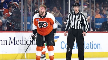 PHILADELPHIA, PENNSYLVANIA - FEBRUARY 24: Nicolas Deslauriers #44 of the Philadelphia Flyers reacts after receiving a fighting major during the first period against the New York Rangers at the Wells Fargo Center on February 24, 2024 in Philadelphia, Pennsylvania.   Tim Nwachukwu/Getty Images/AFP (Photo by Tim Nwachukwu / GETTY IMAGES NORTH AMERICA / Getty Images via AFP)