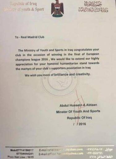 El Gobierno de Irak agradece al Madrid el apoyo a las v¨ªctimas