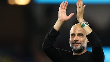 Manchester City's Spanish manager Pep Guardiola celebrates after winning with his team the English Premier League football match between Burnley and Manchester City at Turf Moor in Burnley, north-west England on August 11, 2023. Manchester City  beats Burnley 3 - 0. (Photo by Darren Staples / AFP) / RESTRICTED TO EDITORIAL USE. No use with unauthorized audio, video, data, fixture lists, club/league logos or 'live' services. Online in-match use limited to 120 images. An additional 40 images may be used in extra time. No video emulation. Social media in-match use limited to 120 images. An additional 40 images may be used in extra time. No use in betting publications, games or single club/league/player publications. / 