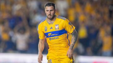Tigres' Andre-Pierre Gignac celebrates after scoring against Cruz Azul during their Mexican Apertura 2023 football tournament match at the Universitario stadium in Monterrey, Mexico, on October 21, 2023. (Photo by Julio Cesar AGUILAR / AFP)