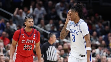 WASHINGTON, DC - MARCH 27: Isaiah Evans #3 of the Duke Blue Devils celebrates a three point basket against the St. John's Red Storm during the second half in the Sweet Sixteen of the 2026 NCAA Men's Basketball Tournament at Capital One Arena on March 27, 2026 in Washington, DC. Emilee Chinn/Getty Images/AFP (Photo by Emilee Chinn / GETTY IMAGES NORTH AMERICA / Getty Images via AFP)