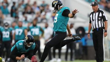 Ryan Santoso of the Jacksonville Jaguars attempts a field goal in the first half against the Pittsburgh Steelers at TIAA Bank Field on August 20, 2022 in Jacksonville, Florida.