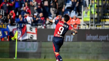 Gianluca Lapadula of Cagliari Calcio, Esultanza, Joy After scoring goal, during the Italian soccer Serie B match Cagliari Calcio vs Benevento Calcio on February 11, 2023 at the Unipol Domus in Cagliari, Italy (Photo by Luigi Canu/LiveMedia/NurPhoto via Getty Images)