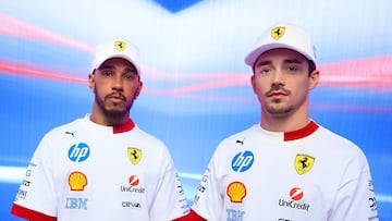 Lewis Hamilton y Charles Leclerc con la equipación especial de Ferrari para el GP de Miami de F1.