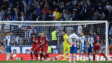 BARCELONA, SPAIN - DECEMBER 01: Ruben Garcia of Osasuna celebrates with team mates after he scores his sides first goal during the La Liga match between RCD Espanyol and CA Osasuna at RCDE Stadium on December 01, 2019 in Barcelona, Spain. (Photo by David