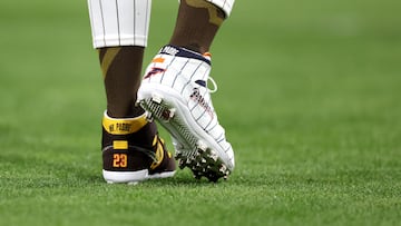 SAN DIEGO, CALIFORNIA - APRIL 08: A detail of shoes worn by Fernando Tatis Jr. #23 of the San Diego Padres during the third inning of a game against the Chicago Cubs at Petco Park on April 08, 2024 in San Diego, California.   Sean M. Haffey/Getty Images/AFP (Photo by Sean M. Haffey / GETTY IMAGES NORTH AMERICA / Getty Images via AFP)