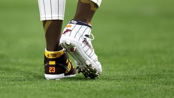 SAN DIEGO, CALIFORNIA - APRIL 08: A detail of shoes worn by Fernando Tatis Jr. #23 of the San Diego Padres during the third inning of a game against the Chicago Cubs at Petco Park on April 08, 2024 in San Diego, California.   Sean M. Haffey/Getty Images/AFP (Photo by Sean M. Haffey / GETTY IMAGES NORTH AMERICA / Getty Images via AFP)