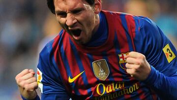 (FILES) - Picture taken on January 22, 2012 shows Barcelona&#039;s Argentinian forward Lionel Messi celebrating after scoring during the Spanish league football match Malaga CF vs FC Barcelona at Rosaleda stadium in Malaga. Lionel Messi could break Gerd M