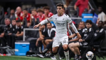 Aug 6, 2025; Atlanta, GA, USA; Atlas midfielder Arturo Gonzalez (58) handles the ball against Atlanta United in the first half at Mercedes-Benz Stadium. Mandatory Credit: Brett Davis-Imagn Images