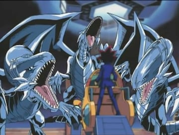 Captura del episodio 1 de Yu-Gi-Oh! Duel Monsters. En &eacute;l, se usa un sistema de tecnolog&iacute;a de &quot;visi&oacute;n s&oacute;lida&quot; para que las criaturas de las cartas se muestren mediante hologramas ultrarrealistas