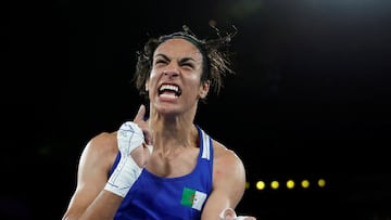 Paris 2024 Olympics - Boxing - Women's 66kg - Semifinal - Roland-Garros Stadium, Paris, France - August 06, 2024. Imane Khelif of Algeria reacts after winning her fight against Janjaem Suwannapheng of Thailand. REUTERS/Peter Cziborra TPX IMAGES OF THE DAY