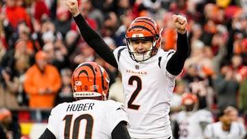 FILE PHOTO: Jan 30, 2022; Kansas City, Missouri, USA; Cincinnati Bengals kicker Evan McPherson (2) celebrates his game-winning field goal against the Kansas City Chiefs in overtime with punter Kevin Huber (10) in the AFC Championship game at GEHA Field at