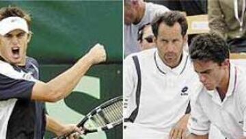 <B>DOS CARAS.</b> Beto Martín, abatido por el temporal de juego, recibió el consuelo del capitán español, Jordi Arrese. Roddick, un poco sobreactuado en sus demostraciones de alegría, derrotó sin ningún problema al jugador español. El americano ha jugado siete partidos en Copa Davis y los ha ganado todos. Mejor balance que Agassi y Sampras.