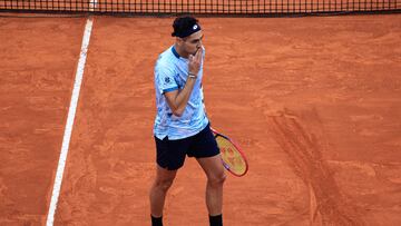 Chile's Alejandro Tabilo celebrates after winning against Serbia's Novak Djokovic during the Monte Carlo ATP Masters Series Tournament round of 32 tennis match on the Ranier III court at the Monte Carlo Country Club in Roquebrune-Cap-Martin on April 9, 2025. (Photo by Valery HACHE / AFP)