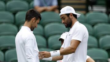 Matteo Berrettini checks out the clothing worn by Novak Djokovic on centre court ahead of the 2022 Wimbledon Championship at the All England Lawn Tennis and Croquet Club, Wimbledon. Picture date: Thursday June 23, 2022. (Photo by Steven Paston/PA Images via Getty Images)