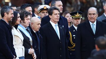 Argentina's Chief of the Cabinet Nicolas Posse stands next to Argentina’s President Javier Milei, Vice President Victoria Villarruel, Interior Minister Guillermo Francos and President of the Chamber of Deputies Martin Menem, outside the Buenos Aires Cathedral for the traditional Te Deum to commemorate the 214th anniversary of the May Revolution, in Buenos Aires, Argentina, May 25, 2024. REUTERS/Agustin Marcarian