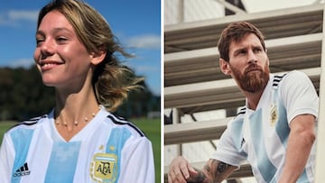 La modelo que ha presentado la equipaci&oacute;n de la selecci&oacute;n argentina de f&uacute;tbol femenino y Lionel Messi haciendo lo propio