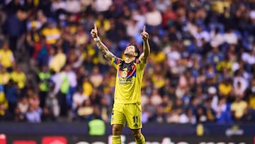 Victor Davila celebrates his goal 0-3 of America during the 10th round match between Puebla and America as part of the Liga BBVA MX, Torneo Clausura 2026 at Cuauhtemoc Stadium, on February 20, 2026 in Puebla, Mexico.