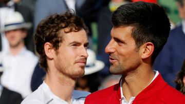FILE PHOTO: FILE PHOTO: Tennis - French Open Men's Singles Final match - Roland Garros - Novak Djokovic of Serbia v Andy Murray of Britain Paris, France, 05/06/16. Djokovic delivers a speach next to Murray. REUTERS/Gonzalo Fuentes/File Photo/File Photo