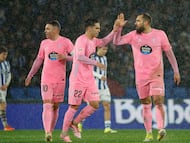 Iago Aspas, Hugo Sotelo y Borja Iglesias, tra el tanto anotado por el Celta contra la Real Sociedad en San Sebastián.