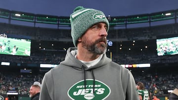 Dec 24, 2023; East Rutherford, New Jersey, USA; New York Jets quarterback Aaron Rodgers (8) on the field after the game against the Washington Commanders at MetLife Stadium. Mandatory Credit: Vincent Carchietta-USA TODAY Sports