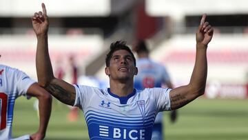Futbol, Deportes La Serena vs Universidad Catolica.
Fecha 32, campeonato Nacional 2020.
El jugador de Universidad Catolica Gaston Lezcano celebra su gol contra Deportes La Serena durante el partido de primera division disputado en el estadio La Portada