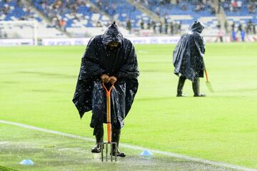 Así lució la cancha de Rayados ante la fuerte lluvia