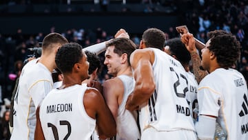LYON, FRANCE - JANUARY 06: Team of Real Madrid in action during the EuroLeague Regular Season Round 20 match between Real Madrid and Real Madrid at LDLC Arena on January 06, 2026 in Lyon, France. (Photo by Marie Bassery/Euroleague Basketball via Getty Images)