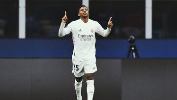 MILAN, ITALY - NOVEMBER 25: Rodrygo of Real Madrid celebrates after scoring their team's second goal during the UEFA Champions League Group B stage match between FC Internazionale and Real Madrid at Stadio Giuseppe Meazza on November 25, 2020 in Mila