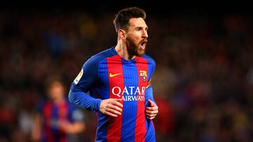 Lionel Messi of Barcelona celebrates after scoring the opening goal during the La Liga match between FC Barcelona and RC Celta de Vigo