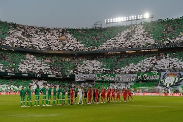 Real Betis and Sevilla players shake hands before the Spanish league football match between Real Betis and Sevilla FC at the Benito Villamarin stadium in Seville on September 2, 2018. (Photo by CRISTINA QUICLER / AFP)