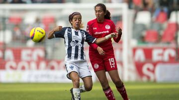 Andrea Balderas y Karla Lopez, jugadoras de Monterrey y Toluca femenil, respectivamente. 